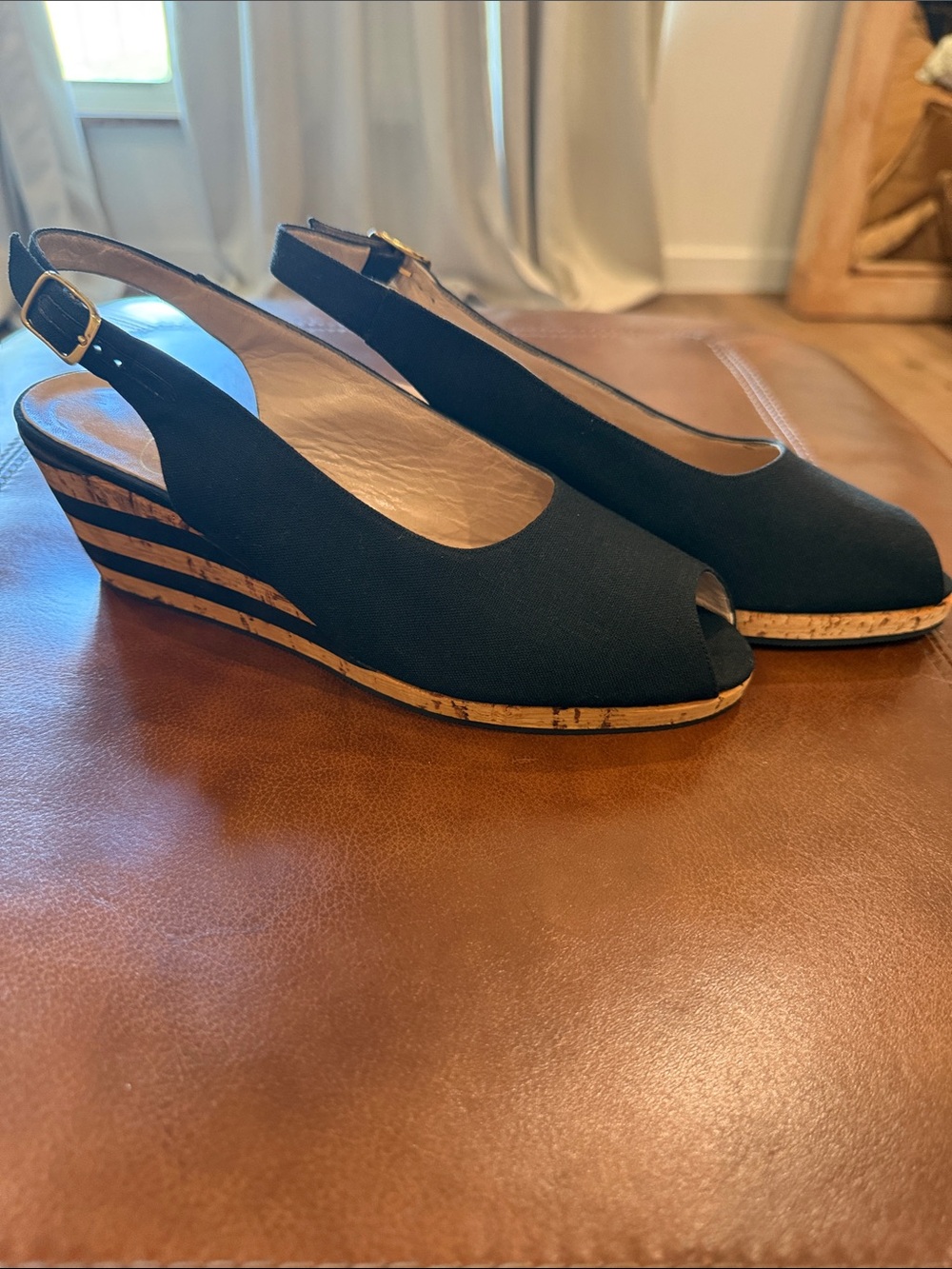 Black Peep-Toe Slingback Cork-Trim Wedge Heels
